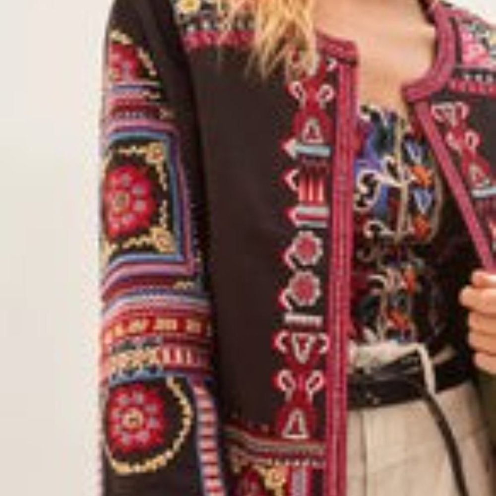 NTHR Women’s Open Front Embroidered Beaded Black Cotton Crop Jacket - Picture 4 of 12